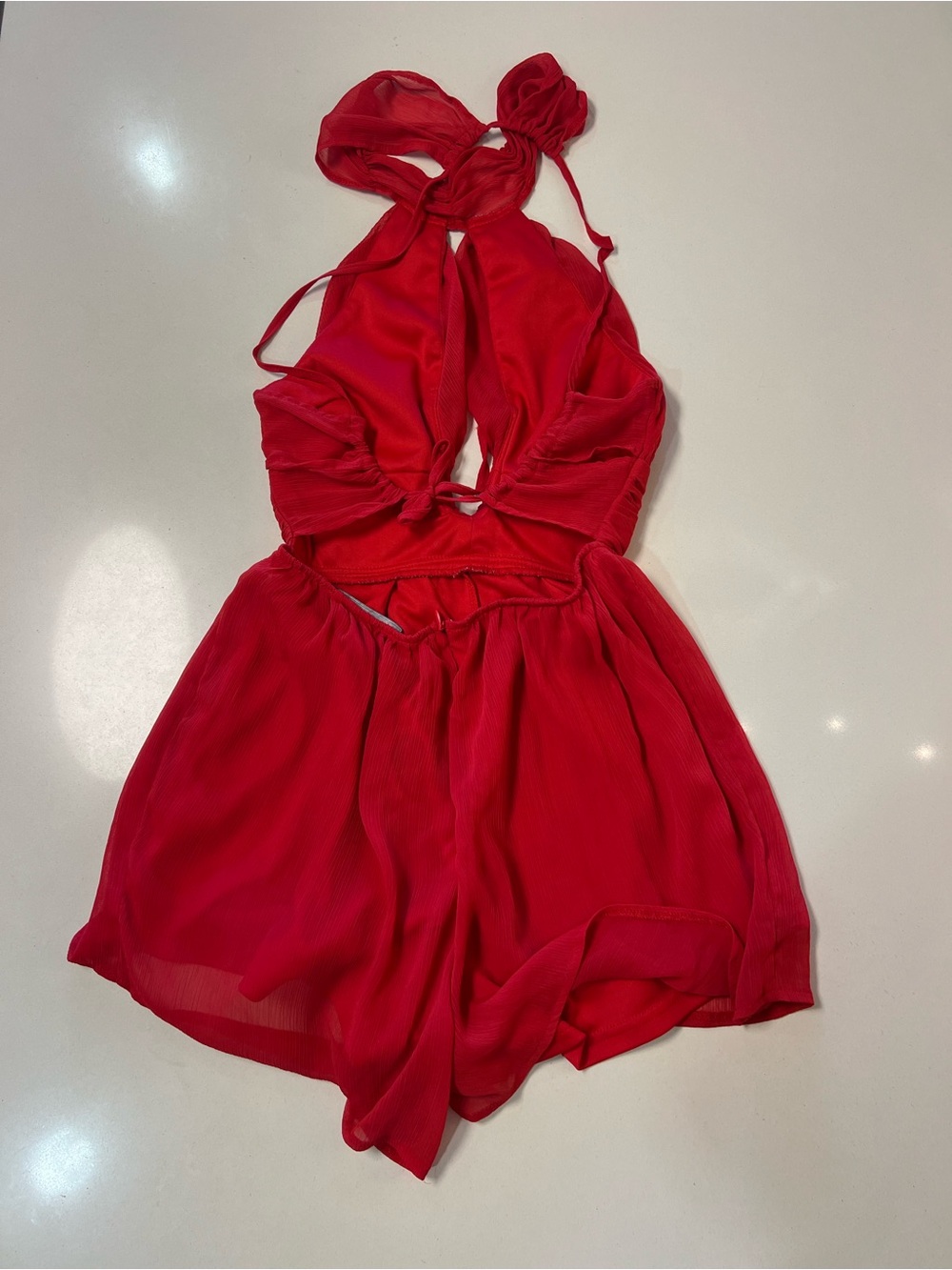 AKIRA CHICAGO Red Halter Romper Flowy Open Front Party Dress Y2K Miami Beach 📐S - Picture 3 of 11